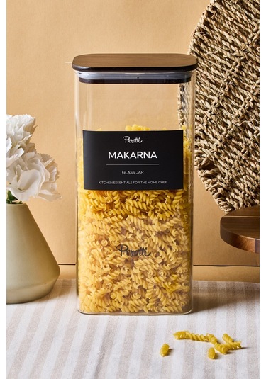 Peter Bambu Kapak Borosilikat Dikdörtgen Cam Kavanoz 1800 Ml 8x12x25 Cm 4 Adet Etiketli Seffaf Şeffaf