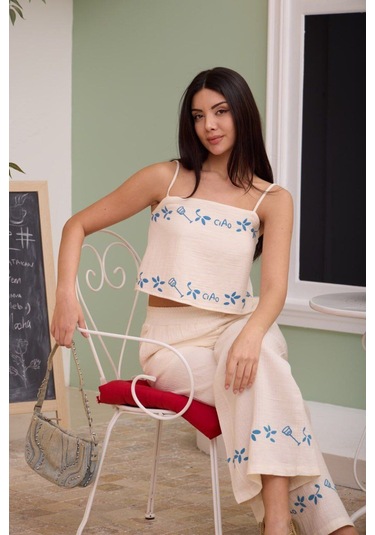 Yaz Desenleri İnce Askı Bluz Pantolon 2li Bohem Takım Beyaz