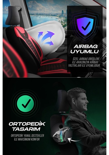 Siyah - Kırmızı Garni Panda Bakü Serısı Keten Kumaş Oto Koltuk Kılıfı - Tam Set