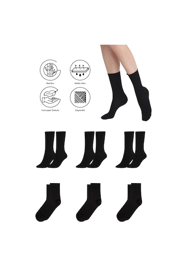 Bambu Kadın Lastiksiz Siyah Soket Dikişsiz Premium Çorap 3'lü Pkt Siyah