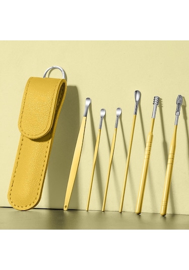 Chavin Deri Çantalı 6 Parça Çelik Kulak Temizleme Seti Sarı