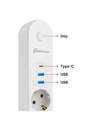 Techmaster 2 Usb+type-c Akım Çocuk Korumalı 4lü Priz 2mt Beyaz Diğer
