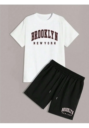 Hırsch Unisex Beyaz T-shirt Siyah Şort Alt Üst Brooklyn Baskılı Takım Siyah