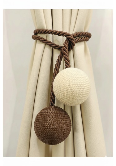 İki Toplu Yan Bağlama Fon Perde Toplama Aparatı Krem Kahve