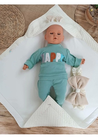 Yenidoğan Kulaklı Şapkalı Düğme Detaylı Fiyonklu Bebek Battaniyesi Kundak Krem Krem