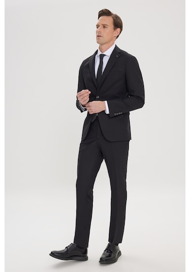 Erkek Sıyah Slim Fit Dar Kesim Mono Yaka Takım Elbise Siyah