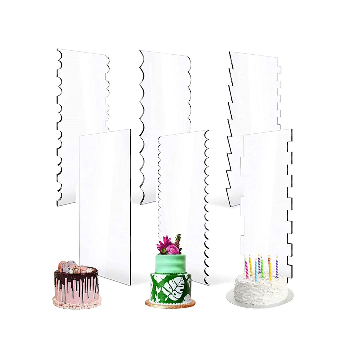 Youmex 6'lı Akrilik Pasta Squeegee Seti - Pürüzsüz Kabuk & Desenli Kenar Oluşturucu - Profesyonel Pastane Aracı Soğuk Beyaz