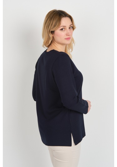 Detay Triko Kadın Boncuk İşlemeli Süs Düğme Detaylı Uzun Kol Anne Bluz 5752 Lacivert Lacivert
