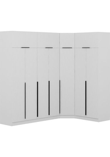 Kaleplus 7 Kapaklı 2 Çekmeceli Köşe Dolap + Yüklük Beyaz Mebran Beyaz Çizgili 255cm Beyaz