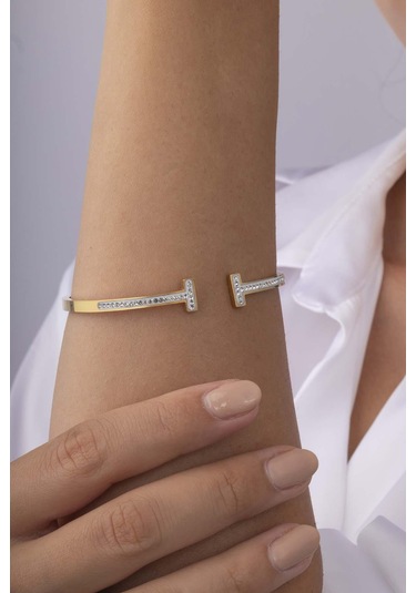 Gümüş Pazarım Zirkon Taşlı Tek Sıra Altın Kaplama Kadın Çelik Kelepçe Bielklik Renkli