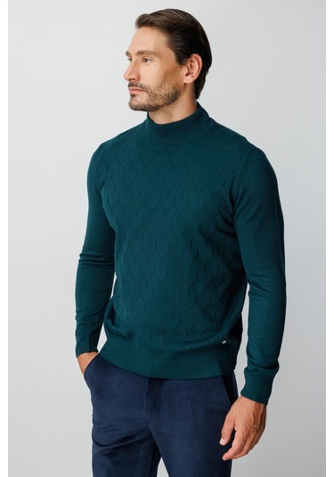 Petrol Standart Fit Dar Kalıp Yarım Balıkçı Düz Uzun Kollu Triko-10088 Yeşil