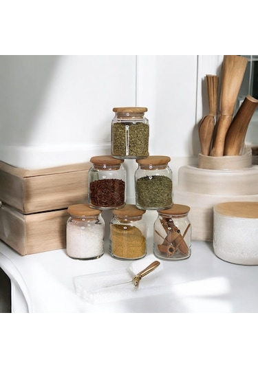 Selka Home - 6 Adet Ahşap Kapaklı Kavanoz Şeffaf