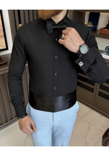 İtalyan Kesim Slim Fit Damatlık Ata Yaka Erkek Gömlek Siyah T7526-siyah Siyah