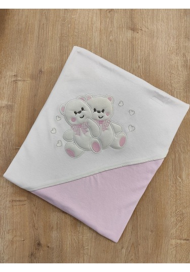 %100 Pamuklu & Mevsimlik Bebek Battaniyesi - Kahverengi & Ayıcık Nakışlı Bebek Örtüsü 80x90 Cm Pembe