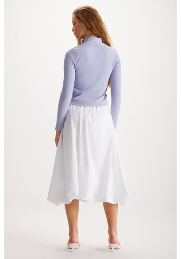 GRIMELANGE Rosalba Kadın Paraşüt Kumaş Beli Lastikli Dokuma Balon Beyaz Etek Beyaz