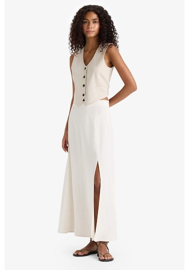 Defacto A Kesim Normal Bel Yırtmaçlı Keten Karışımlı Maxi Etek E6024ax25smbg217 Bej