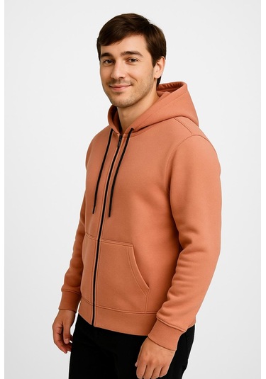 Axxel Erkek Somon Fermuarlı Kapüşonlu Sweatshirt-w590 Pembe 3 İplik Şardonlu