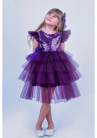 Mor Pullu Kız Çocuk Parti Elbisesi