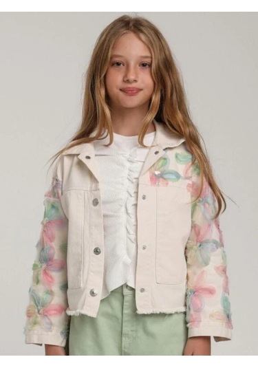 Kız Çocuk Tasarım Çiçekli Kot Ceket-15577 Ekru