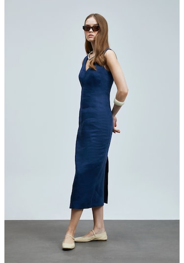 Lufian Honey Kadın Kolsuz Keten Elbise Lacivert Lacivert 121290016100200 Lacivert