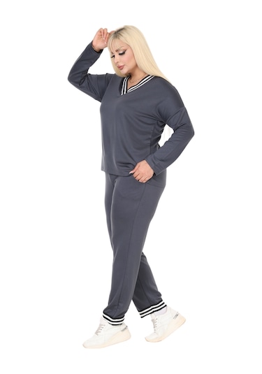 Melsay Butik Antrasit V Yaka Yakası Şerit Detaylı Eşofman Takımı Antrasit