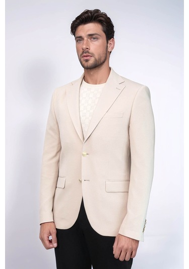 Bej Kendinden Desenli Örme Altın Renk Metal Düğmeli Slim Fit Erkek Blazer Ceket - Wessi Cream