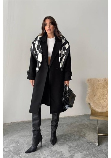 Neşeli Butik Kadın Kuşak Detaylı Astarlı Kaşe Kaban Nbg120 Siyah