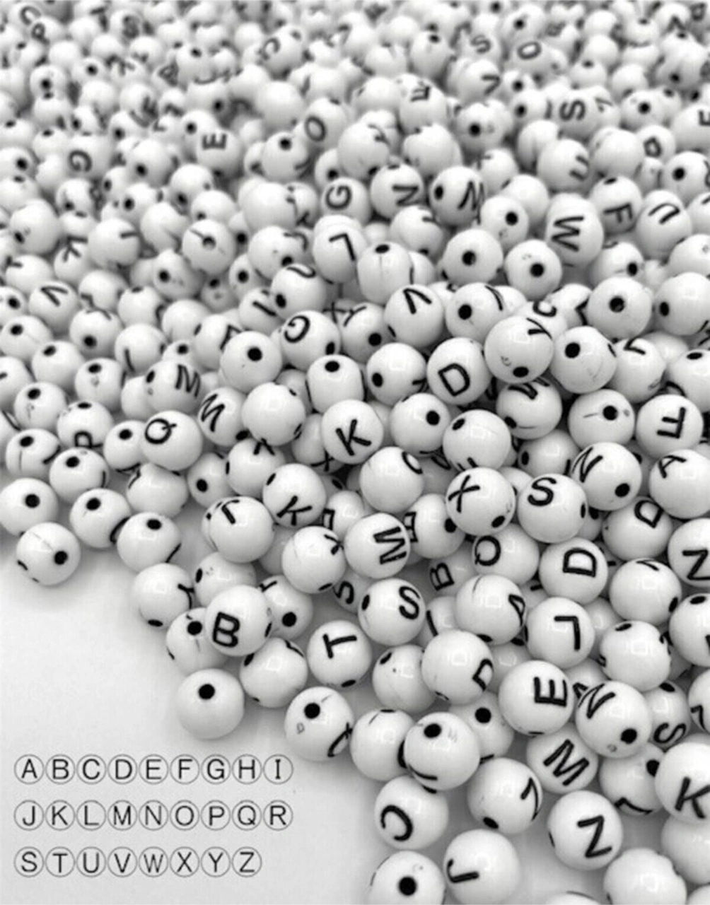 8mm Yuvarlak Beyaz Zemin Üzeri Siyah Top Harf Boncuk, Alfabe Mektup Boncuk 50gr, 175 Adet