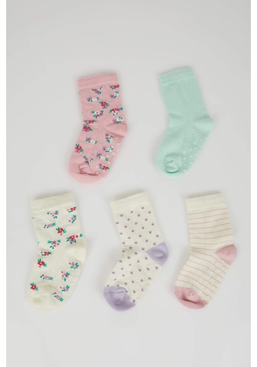 Defacto Kız Bebek Dikişsiz 5'li Pamuklu Uzun Çorap C9096A5NSKR1 Çok Renkli