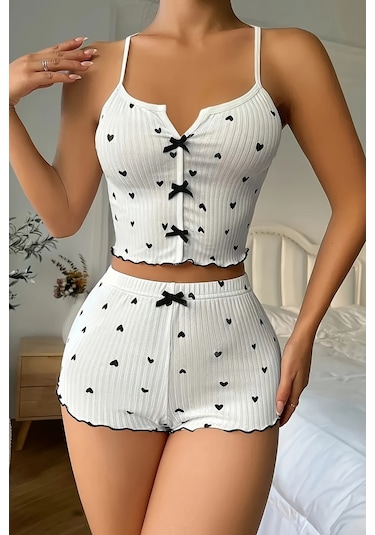 Merry See Özel Örme Kumaş Kalp Baskılı Şortlu Pijama Takımı Beyaz