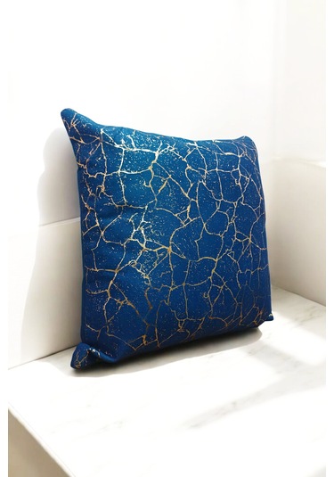 Altın Varak Desenli Dekorafit Tekli Kırlent Kılıfı 42x42 Cm Şık Ve Zarif Tasarım Lacivert