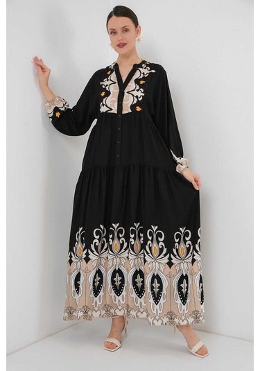 Gabria Ön Düğmeli Desenli Viskon Elbise Siyah - Taş