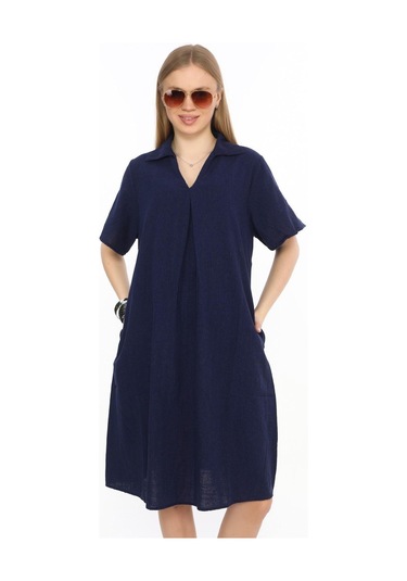 Yarım Kol V Yaka Keten Elbise-9164 Lacivert