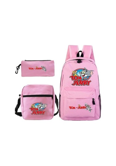 3 Adet / Takım Tom Jerry Satchel Anime Rahat Okul Çantası Sırt Çantası İle Kalem Çantası Messenger Çanta Bvu7nw Pembe