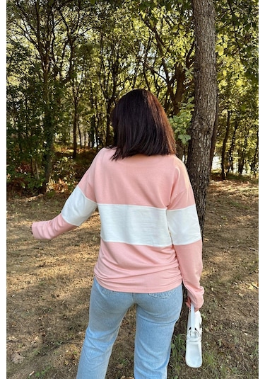 WeShaya Kadın Pembe Uzun Kol, Dik Yaka, Fermuarlı, Double Color Block Basic Sweatshirt Bluz Pembe