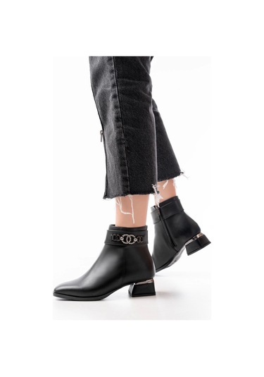 Rm-502 Siyah Toka Aksesuarlı Topuklu Fermuarlı Günlük Kadın Bot Siyah
