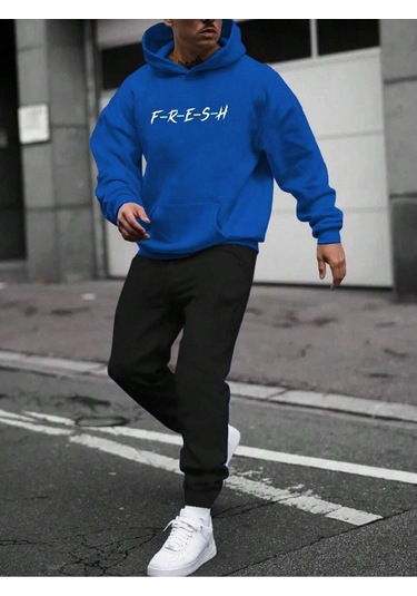 Fresh Eşofman Takımı Sweatshirt Jogger - Sax Mavi Siyah Baskılı Şardonlu Kapüşonlu Sax Mavi Siyah