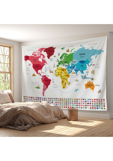 Türkçe Ülke Bayrak Lı Eğitici Başkent Detaylı Atlası Dünya Haritası Duvar Örtüsü-halısı 3861
