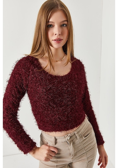 Armonika Kadın Mürdüm Pullu Sakallı Crop Kazak Arm-22y001179