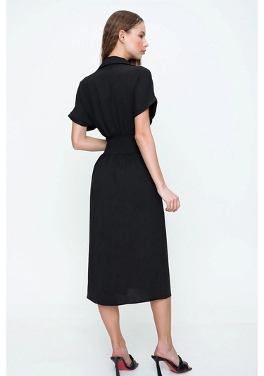 Kadın Siyah Fermuarlı Beli Büzgülü Airobin Polo Yaka Elbise Maksi Boy Uzun Rahat Ve Günlük Siyah