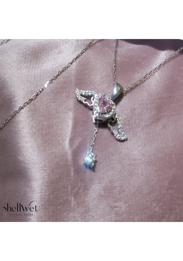 Angelight 925 Ayar Gümüş Melek Kanatlı Pembe Taş Kalpli Kadın Kolye Ort. Gümüş