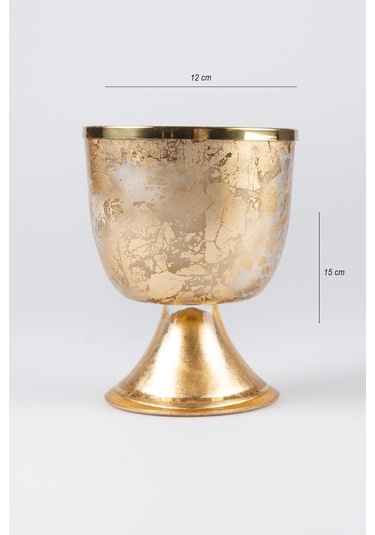 Altın Varak Eskitme Ayaklı Cam Mumluk Kokusuz Mum Logo Kapaklı Orta 12x15 Cm