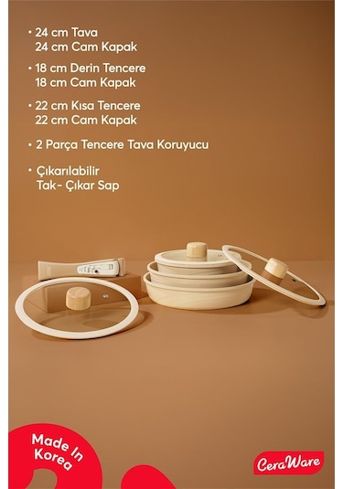 Ceraware Hona Daily 9 Parça Tak Çıkar Saplı Iç Içe Geçebilen Seramik Yapışmaz Tencere Tava Seti Bej