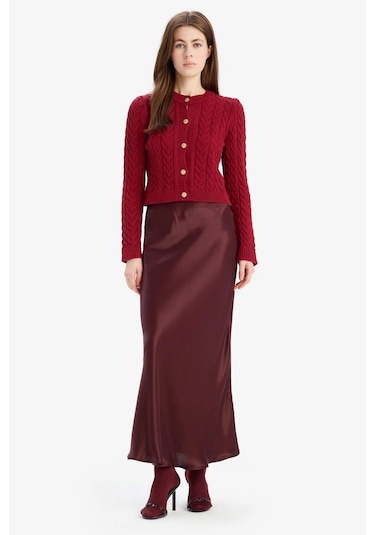 DeFacto A Kesim Normal Bel Saten Midi Etek B1867AX25SPBR234 Bordo