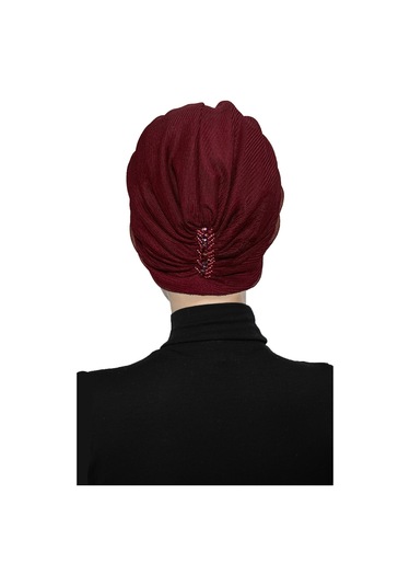 Dizayn Tüllü Kristal Taş İşlemeli Çift Taraflı Astarlı Bordo Hazır Türban Tesettür Abiye Bone Bordo