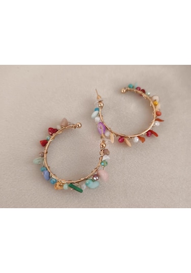 Hdmarketim Otantik Doğal Taş Halka Sallantılı Küpe Çok Renkli