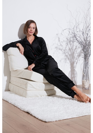 Lela Regular Fit Parlak Kadife Ribanalı Bayan Pijama Takımı 6097110 Siyah