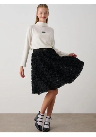 Kız Çocuk Beli Lastikli Gül Desenli Etek-14787 Siyah