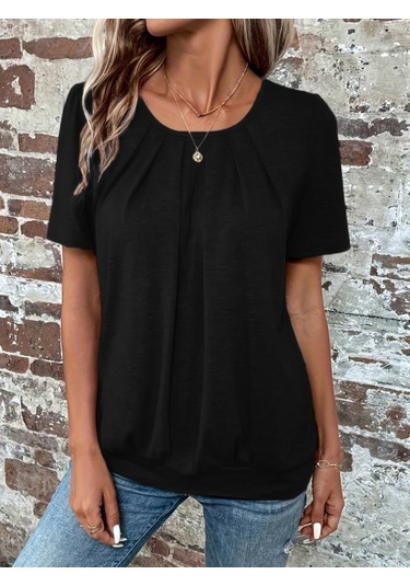 Munn Collection Kadın Kısa Kollu Yuvarlak Yaka Önden Pileli Salaş Viskon Bluz Siyah
