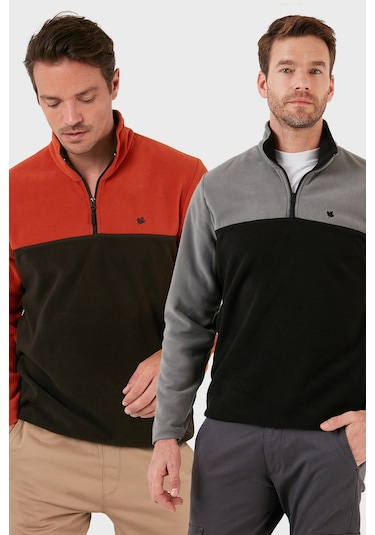Buratti Regular Fit Anti-Pilling Tüylenme Yapmayan Dik Yaka Şardonlu 2'Li Paket Erkek Polar 5906016S2 Gri Siyah-Oranj
